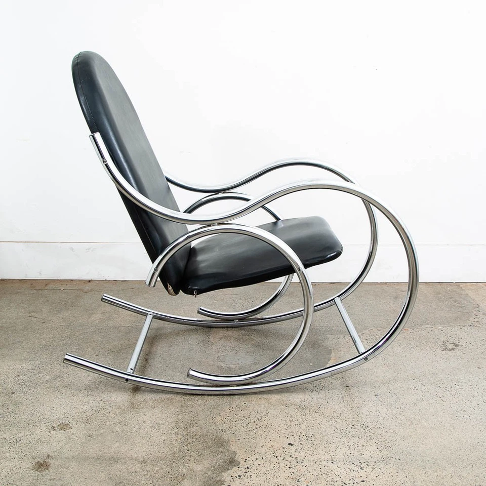 Mecedora moderna Mid Century balancín cromada metal negro plata vintage años 60 Foto 3 de 4