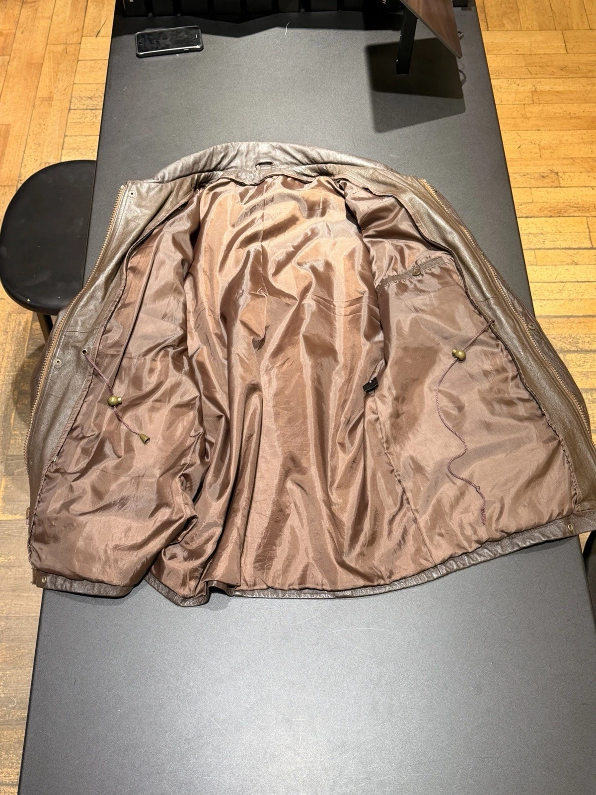 Men's Large Brown Real Leather Cinch Waist Field Jacket Zip and Button Front - product detail image 4