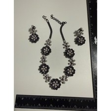 Gunmetal Black and Clear Crystal Floral Statement Necklace and Earring Set