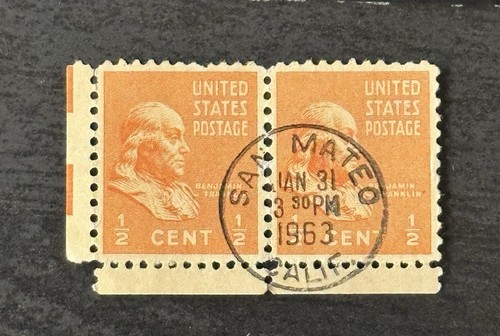 Benjamin Franklin 1/2 Cent Stamp 2 Block Orange Vintage 1938 (1963 San Mateo)