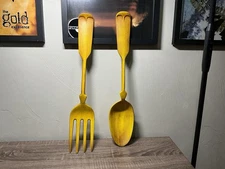 VTG 1970s Retro Huge Yellow Metal Kitchen Fork Spoon Wall Hanging Art Objects