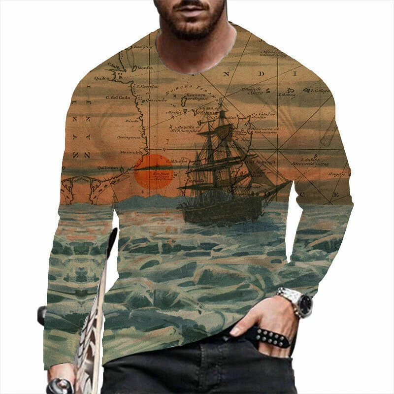 T Shirt Men Sailing Boat Sea Ocean Long Sleeve Fashion Casual Brown Soft Tee Top