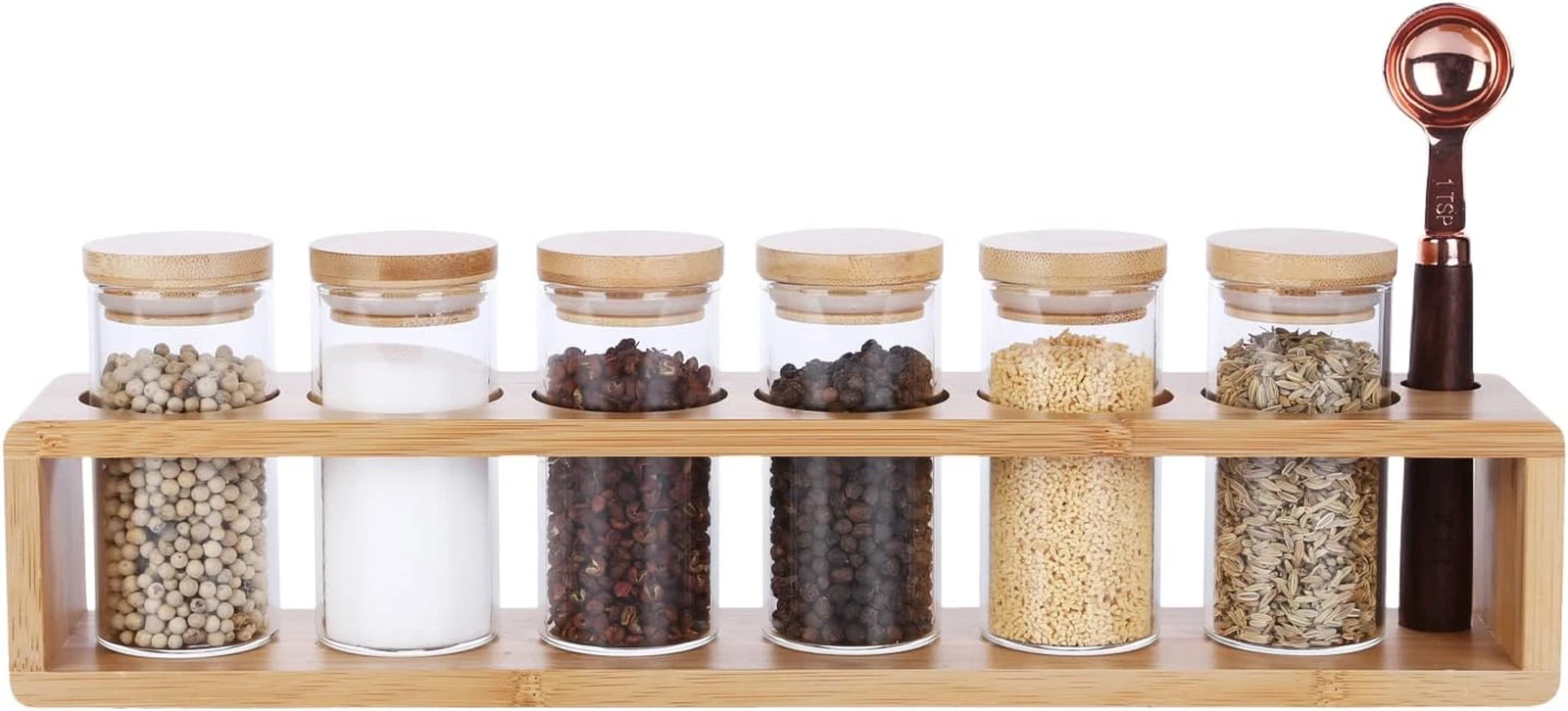 6 Glass Spice Jars with Bamboo Lids and Rack - Kitchen Organizer Set