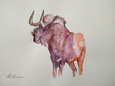 Gnu, Animal, Watercolor artwork, Handmade, Original painting on paper