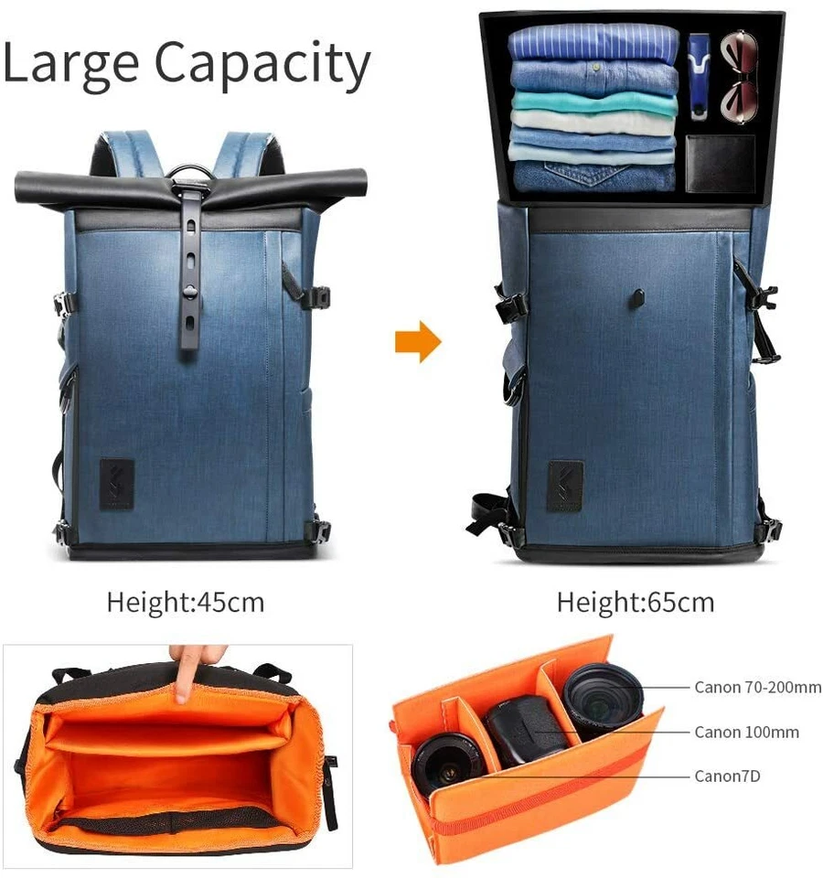 K&F Concept Roll Top Camera Backpack Waterproof for DSLR SLR Laptop Shoulder Bag - Image 4 of 4