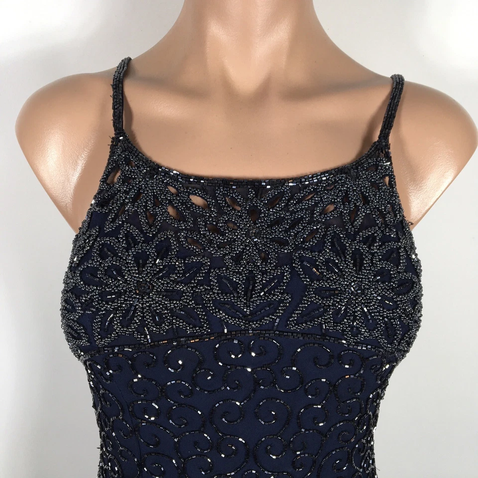 Vintage Stunning Scala Long Silk Beaded Open Sequin Square Neck Blue Gown sz M - Image 3 of 4