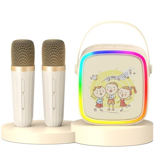 Mini Karaoke Machine with 2 Wireless Microphones:  Portable Karaoke Beige-2 Mic