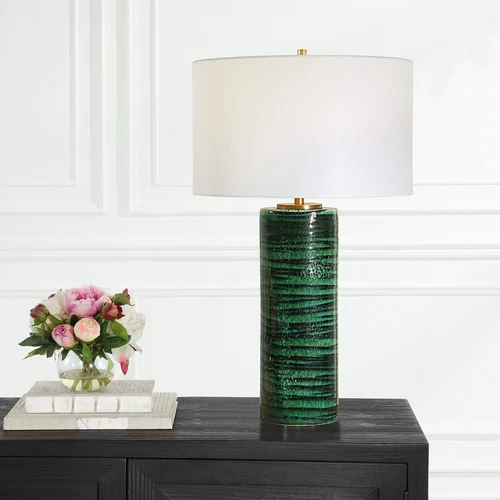 Emerald Green Swirl Stripe Cylinder Table Lamp 28 in Gloss Ceramic Elegant - Picture 2 of 7