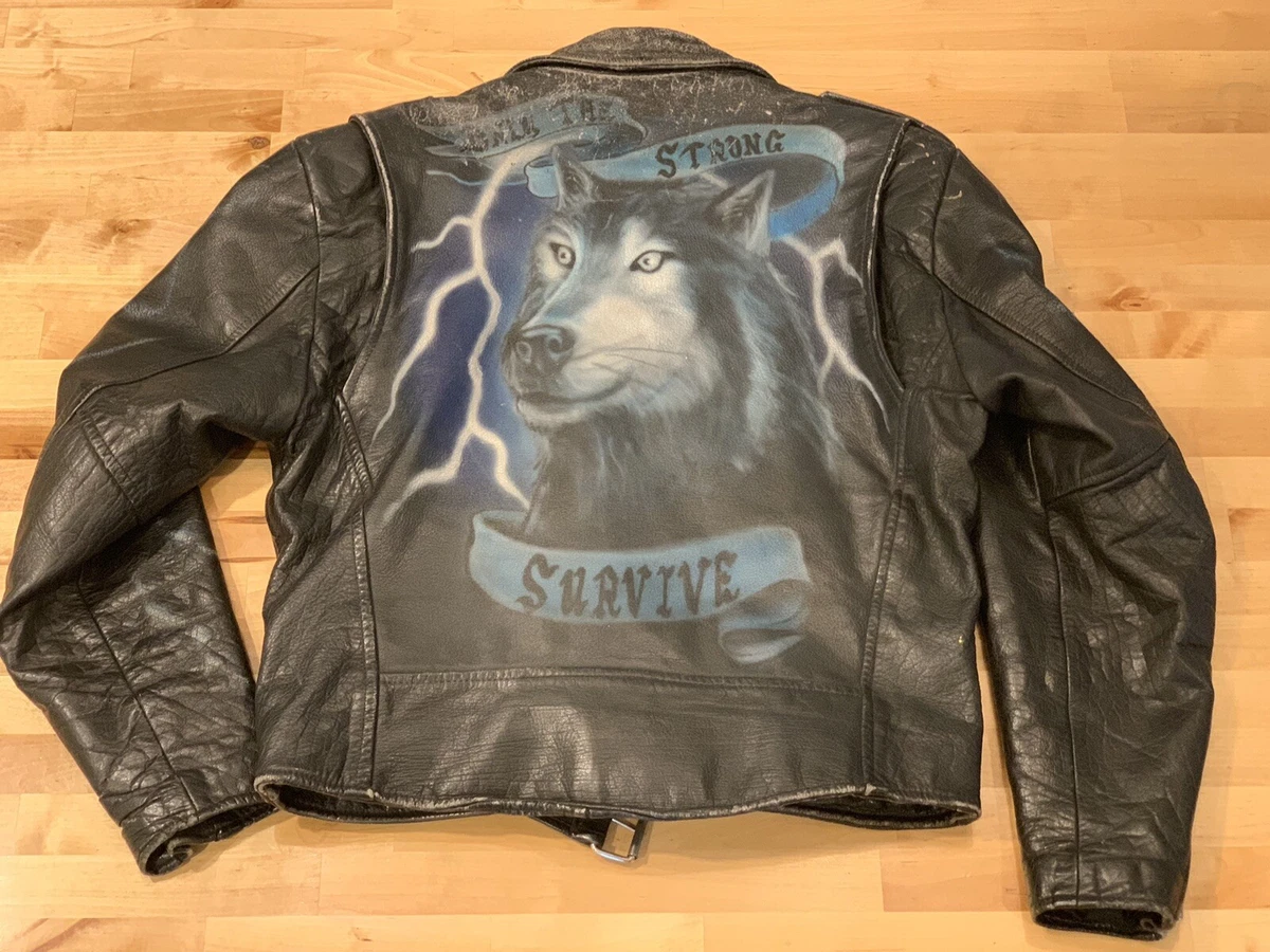 OOAK Wolf Thunder Airbrush Leather Motorcycle Biker Jacket Men s Size M Vtg 90s
