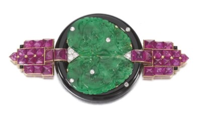 Art Deco Lab geschnitzte wichtige Jadeit Schwarz Onyx Rubin & CZ Anhänger Bro...