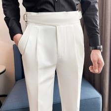 Men Pants with Belt Pleated Formal Slim Fit Tuxedo Suit Wedding Party 9-Point