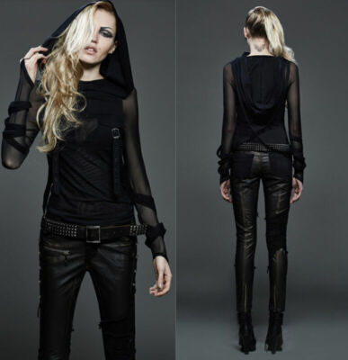 New Punk Rave Rock Hooded Vintage Womens Shirt Mesh Black Gothic Punk Hoodie Top