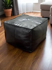 Leather Ottoman Moroccan Pouffe Footstool 20'' Amazing Unstuffed Handmade Black