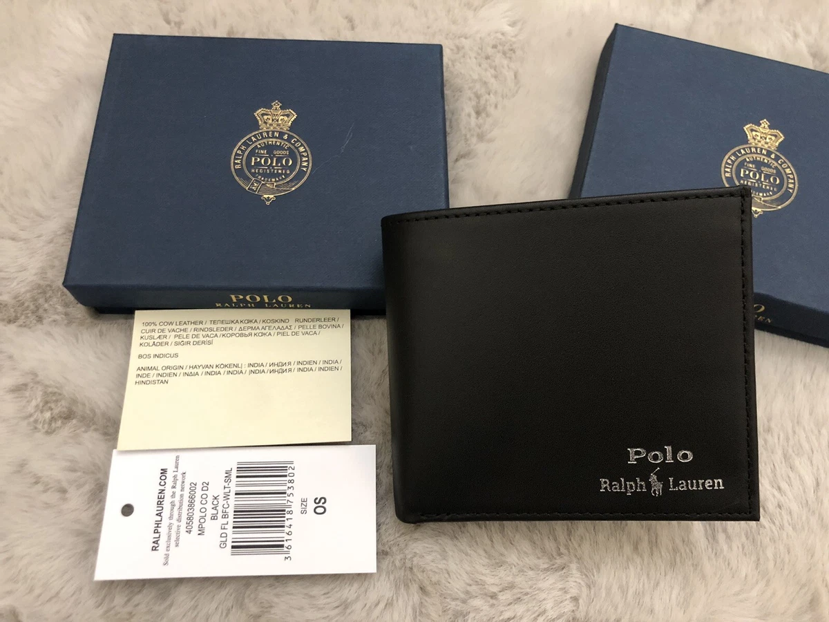 Polo Ralph Lauren Men's Bifold Black Leather Wallet with Coin Pocket