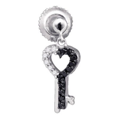 L U DIAMONDS 10K White Black Diamond Key Heart Dangle Earrings 1/6