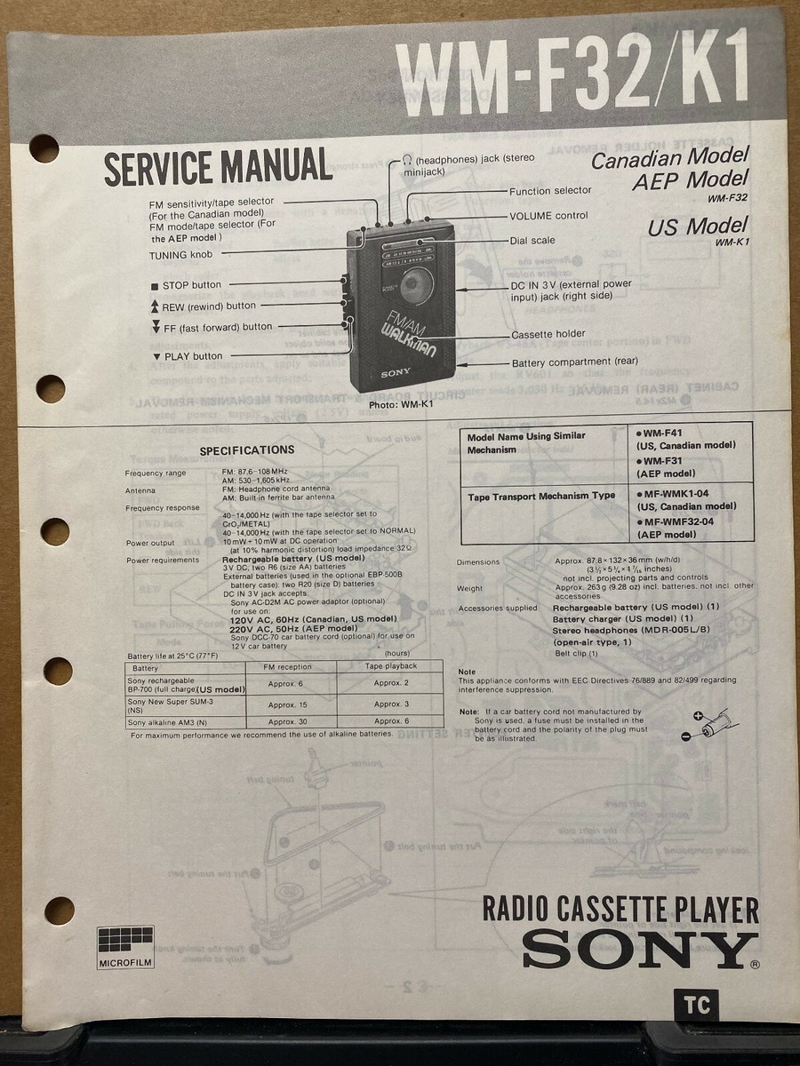 Sony Service Manual for the WM-F32 WM-K1 Cassette Tape
