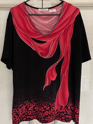 Irene & Eli/süßes T-Shirt-Rot,Schwarz,print, Strass,Details,Gr.XXL/48-50,Wie Neu