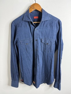 Isaia Napoli Shirt Men s 15.5 Made In Italy Long Sleeve Button Front Blue