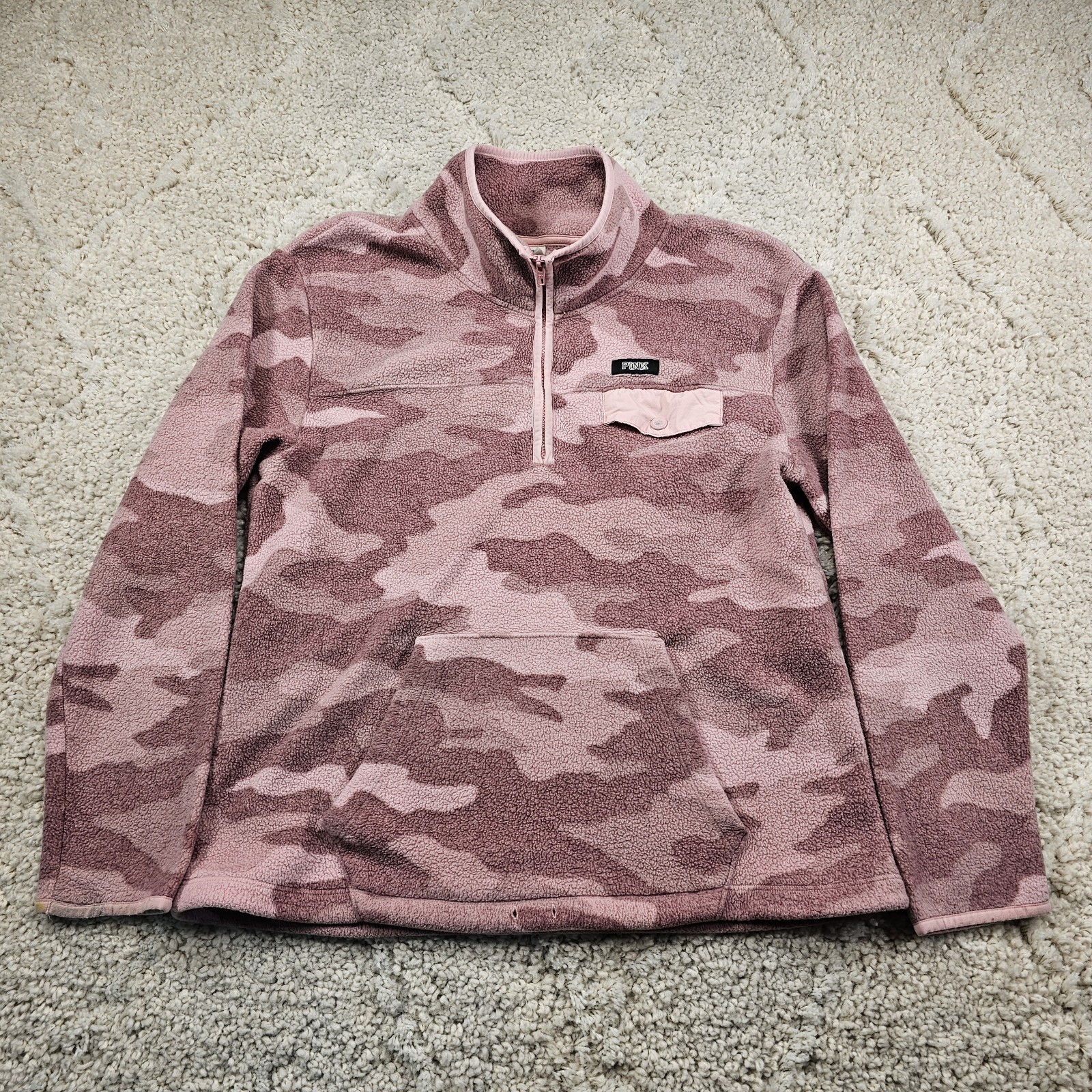 Victoria's Secret PINK Sweatshirt Womens Camouflage Camo Quarter Zip Pullover Lg