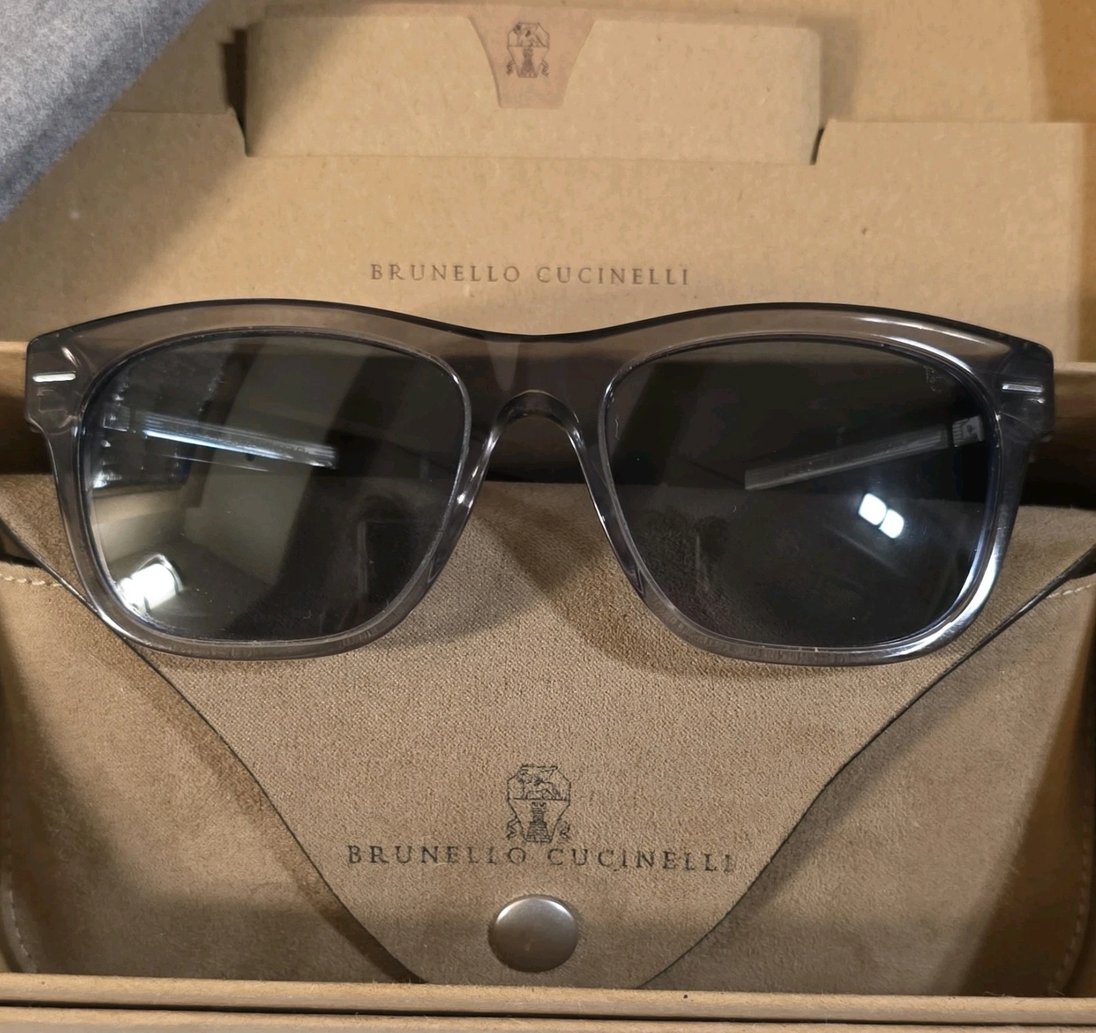 Brunello Cucinelli — Brunello Cucinelli Italian "Risky Business" Clear Grey Framed Tortoise STUNNERS