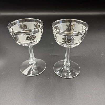 Libbey Silver Leaf Set of  2 Champagne/Wine/Sherbet Vintage Stemware MCM 5  