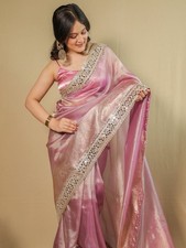Pink Tissue Semi Silk Saree Indian Sari Mirror Work Party Wedding Wear
