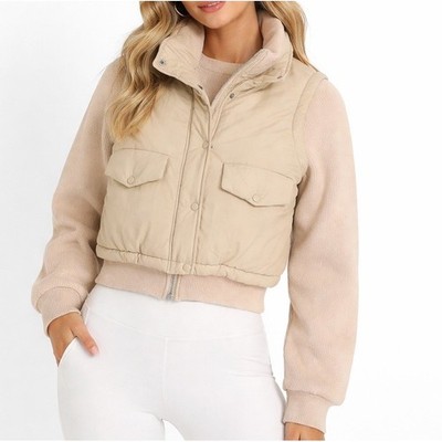 BlankNYC Womens Cream Quilted Puffer Vest Hybrid Sweater Jacket Cropped Tan M