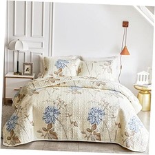 3 Pieces Microfiber King 102"x90", 1 Quilt 2 Pillow Shams Floral Light-khaki