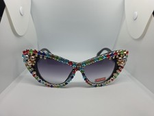 Luxury Crystal Rainbow Jeweled  Pearls Oversized Cat Eye Black Sunglasses