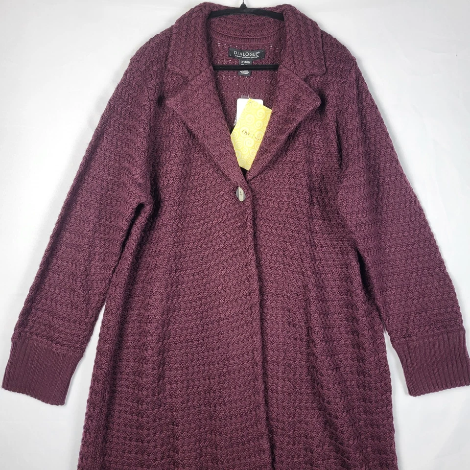 Dialogue QVC Long Lines Cardigan Sweater Coat Women's XL Wine Merino Wool NWT - Image 3 of 4