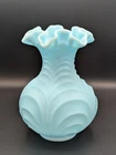 FENTON Baby Blue Satin Finish Glass Drape Design Ruffle Top 8” Vase VTG SEE PICS