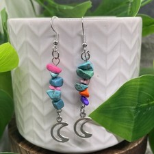 2.25  Earring Set Silver-tone Boho Stone Chips Dangle Drop New Moon B7329