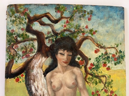 Garden of Eden w/ Eve & the Apple Tree, Early 20th Century Folk Art Oil Painting - Picture 2 of 6