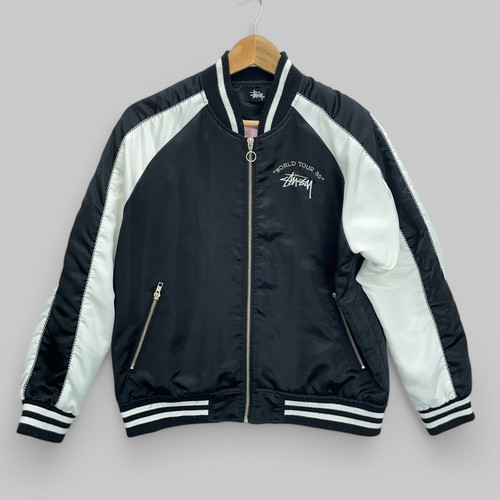 Stussy World Tour 35 Bomber Jacket Women's 12 Black Satin Tiger Embroidered