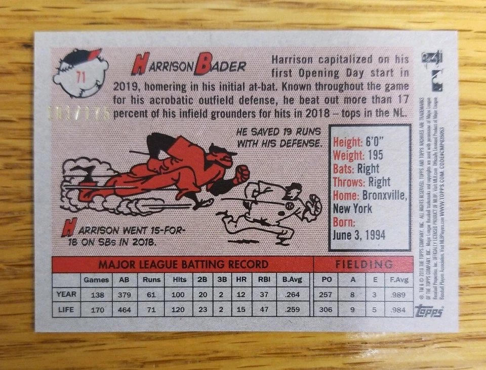 2019 Topps Archives Purple 101/175 #71 Harrison Bader 1958 Design Baseball Card - Image 2 of 2