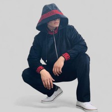 Men's Manzini Black Red Velvet Hooded Casual Tracksuit Outfits Sets NWT