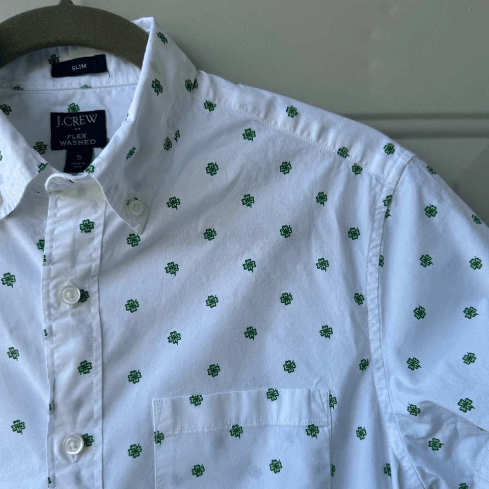 J.Crew Men’s Slim Fit Flex Shirt White Clover Embroidery St. Patrick’s Sz S - Image 2 of 4
