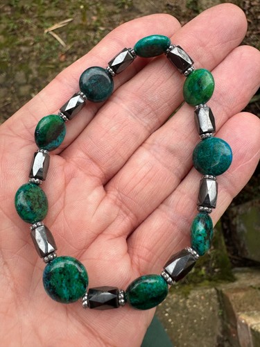 MAGNETIC HEMATITE & CHRYSOCOLLA CRYSTAL STRETCH ELASTIC BEADED BRACELET ID CARD - Picture 4 of 4