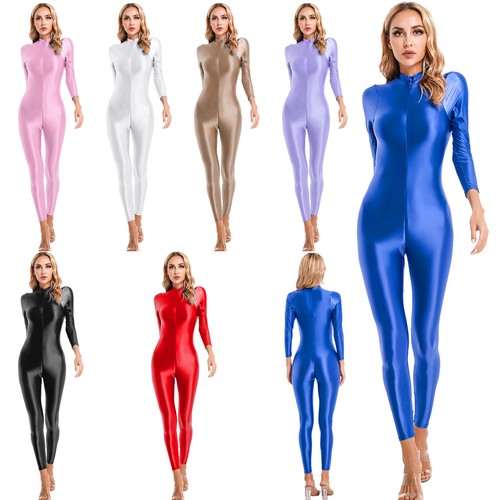 UK Sexy Women Shiny Full Body Bodysuit Oil Gloosy Lingerie Double Zipper Catsuit