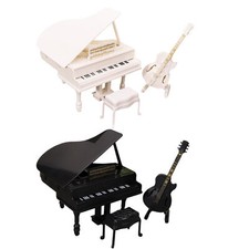 1 Set Miniature Grand Piano Model With Stool & Guitar For Doll House Decoration