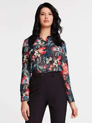 Guess Jeans Womens All Over Print Button Down Shirt Floral Green