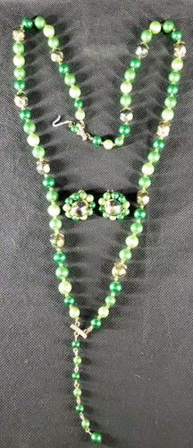 Vtg Green Faux Pearl Beaded Necklace Starfish Gold Tone Accent Earrings Set ** - Picture 1 of 9