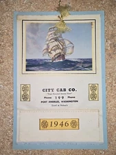 CITY CAB CO-Taxi Service-Christmas Card-1946 Calendar-VTG-Port Angeles WA-RARE!!