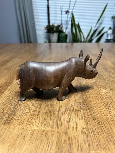 Vintage Hand Carved Solid Wooden African Rhinoceros Figurine Sculpture - Picture 3 of 9