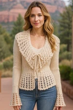 Newport News Off-White Tie-Front Flare Sleeve Knit Cardigan Fairy Whimsy Size L