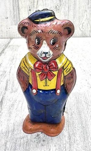 Vtg J Chein Co Tin Wind Up Walking Bear Toy USA Collectible Teddy Kids