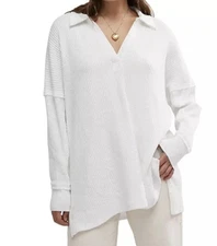 Free People We the Free Travis Oversized Waffle Tunic Polo Ivory Size S