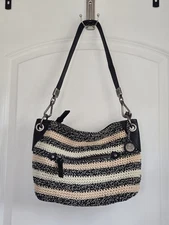 The Sak Indio Crochet Hobo Bag Black White Peach Leather Strap NWOT Bohemian 