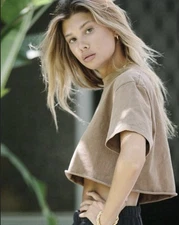 Joah Brown Brown Notched Neck Boxy Short Sleeve Cropped T-Shirt Top S/M