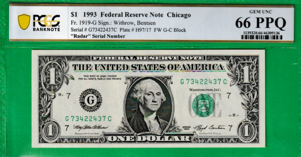 1993 $1 Federal Reserve note RADAR Serial Number 7342-2437 Chicago PCGS 66 - Image 2 of 3